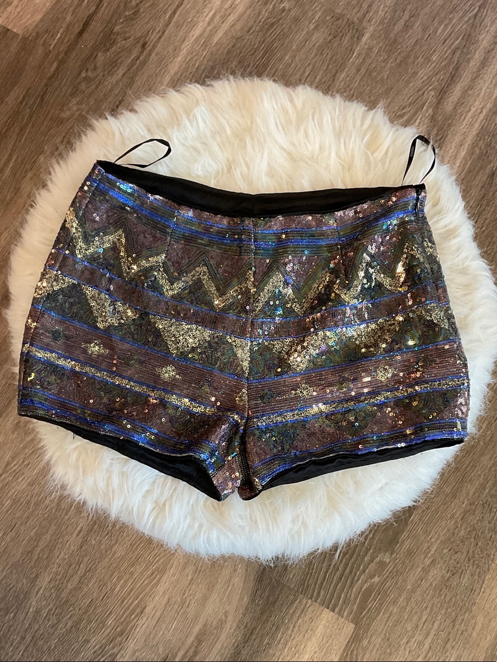 Forever 21 Iridescent Sequin Shorts — Black with Gold & Blue Accents